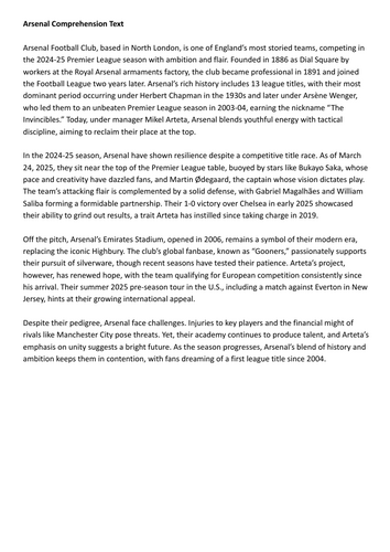 Premier League Teams Comprehension Texts | Teaching Resources