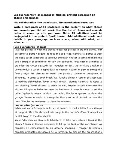 Los quehaceres y los mandados: Original preterit paragraph on chores and errands