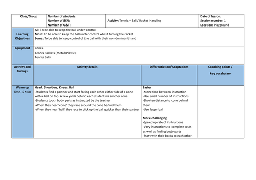 Primary School Tennis Lesson Plans KS1/2