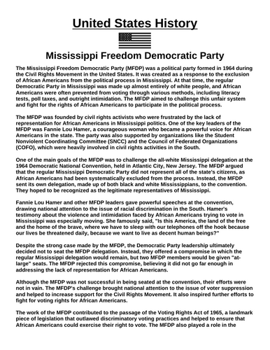Mississippi Freedom Democratic Party “Article & Questions” Assignment