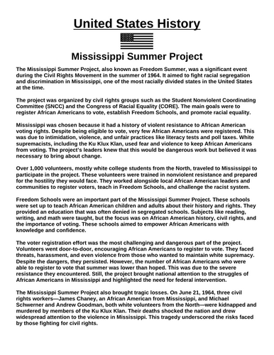 Mississippi Summer Project “Article & Questions” Assignment