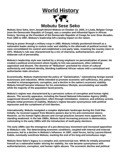 Mobutu Sese Seko “Article & Questions” Assignment