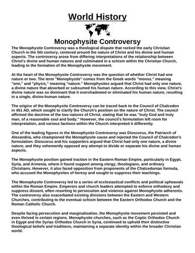 Monophysite Controversy “Article & Questions” Assignment