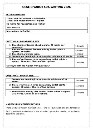 AQA GCSE SPANISH WRITING NEW SPEC 2026