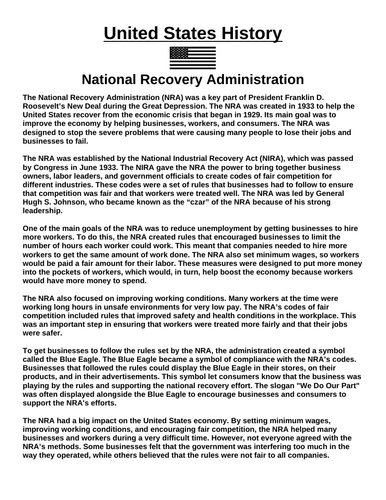National Recovery Administration “Article & Questions” Assignment