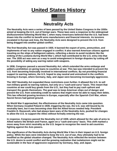 Neutrality Acts “Article & Questions” Assignment