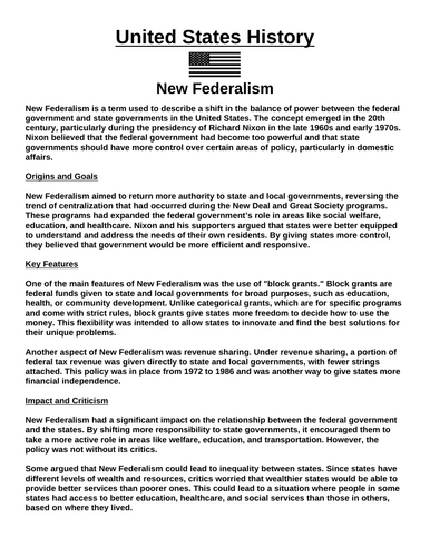 New Federalism “Article & Questions” Assignment