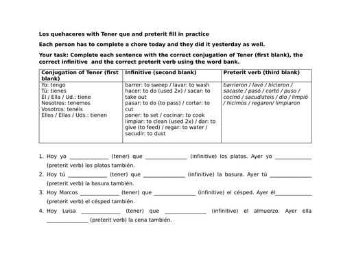 Los quehaceres with Tener que and preterit fill in practice