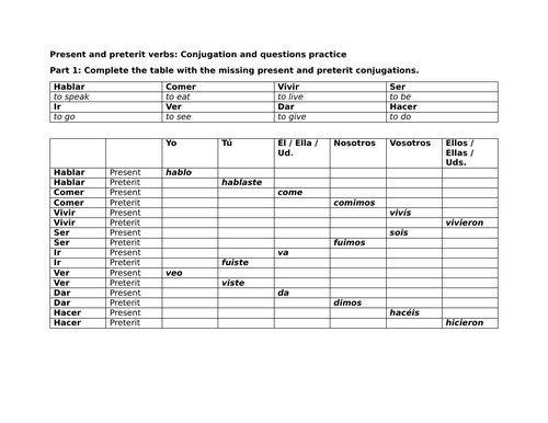 Present and preterit verbs: Conjugation and questions practice