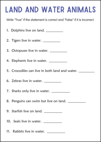 Printable Land and Water Animals Activity Worksheets for Grade 2, 3, 4