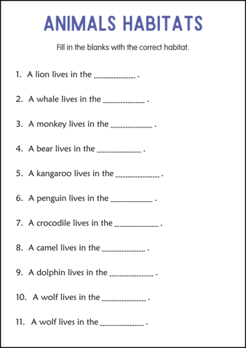 Printable Animals and Their Habitats Activity Worksheets Grade 2, 3, 4