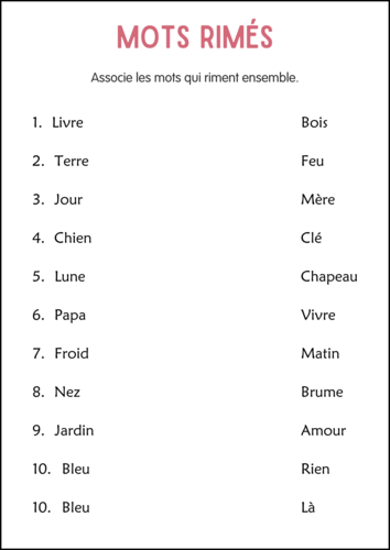 Rhyming Words Worksheets in French - Feuilles de Travail sur les Mots qui Riment