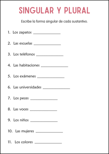 Printable Singular and Plural Nouns Worksheets in Spanish for Grade 2, 3, 4