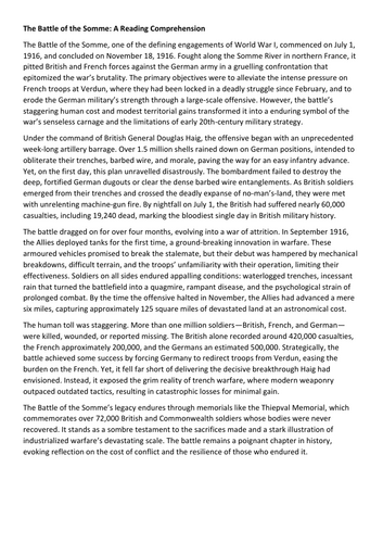 The Battle of the Somme: A Reading Comprehension