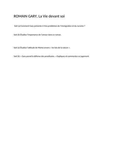 A LEVEL FRENCH REVISION "La Vie Devant Soi"