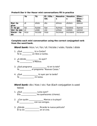 Preterit Dar Ir Ver Hacer mini conversations fill in practice