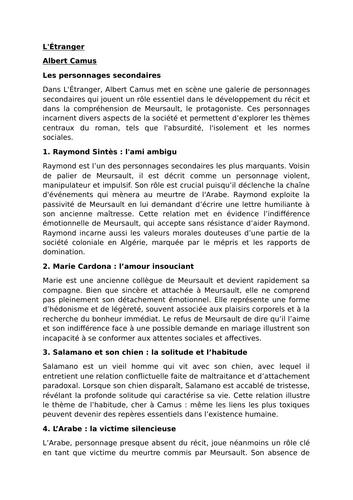 L'Étranger - Albert Camus - Minor Characters - A Level French