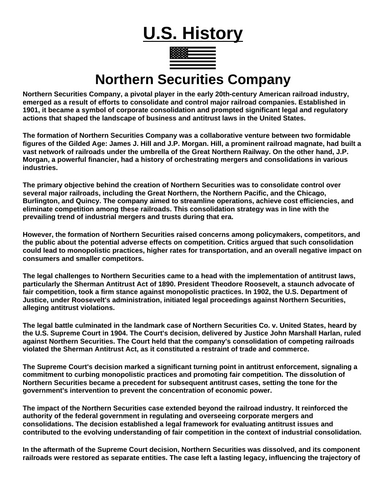 Northern Securities Company “Article & Questions” Assignment