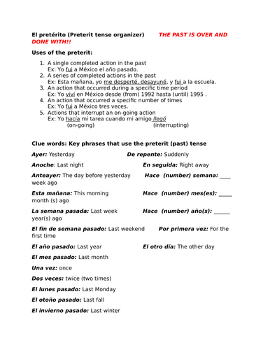 El pretérito: Preterit tense graphic organizer