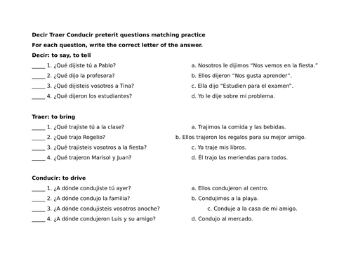 Decir Traer Conducir preterit questions matching practice