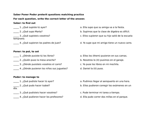 Saber Poner Poder preterit questions matching practice