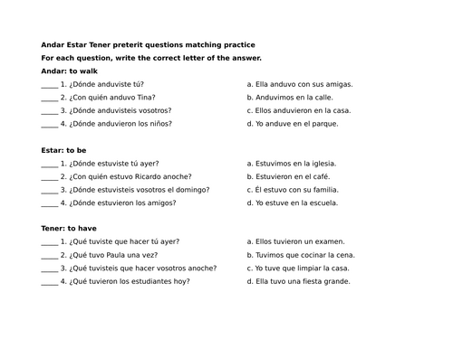 Andar Estar Tener preterit questions matching practice