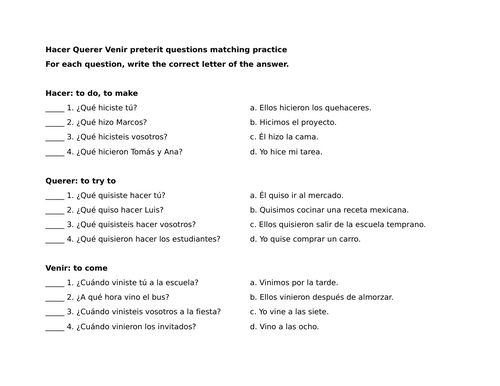 Hacer Querer Venir preterit questions matching practice