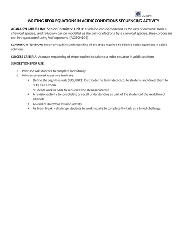 REDOX EQUATIONS IN ACIDIC CONDITIONS