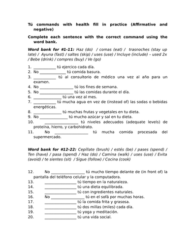 Tú commands with health fill in practice (Affirmative and negative)