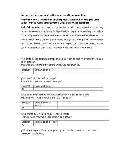 La tienda de ropa preterit easy questions practice