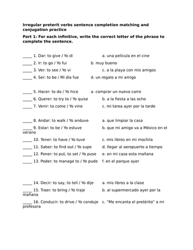 Irregular preterit verbs sentence completion matching and conjugation practice
