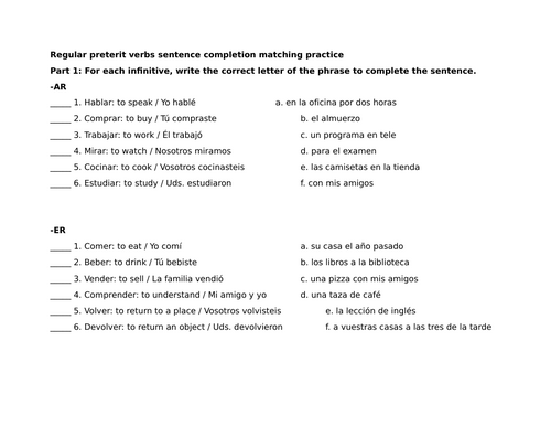 Regular preterit verbs sentence completion matching practice