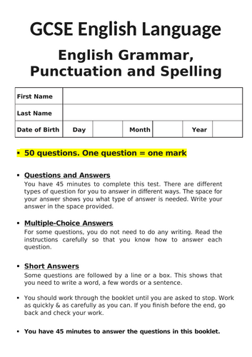 2025 Grammar, Punctuation and Spelling Assessment. 50 questions