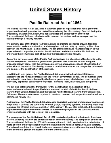 Pacific Railroad Act of 1862 “Article & Questions” Assignment
