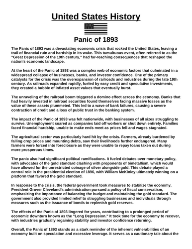 Panic of 1893 “Article & Questions” Assignment