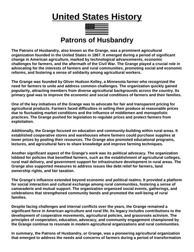 Patrons of Husbandry “Article & Questions” Assignment