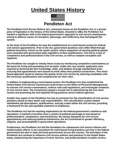 Pendleton Act “Article & Questions” Assignment
