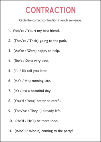 Printable Contractions Grammar Worksheets - Apostrophe Contraction for Grade 2