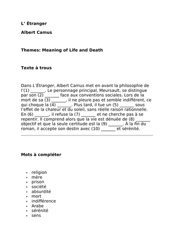 L’Étranger - Albert Camus - Themes: The Meaning of Life and Death - A Level French