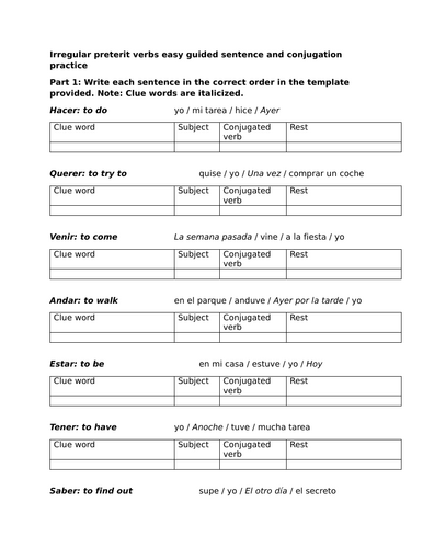 Irregular preterit verbs easy guided sentence and conjugation practice