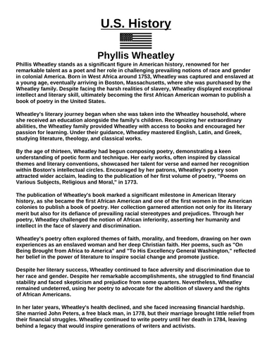 Phyllis Wheatley “Article & Questions” Assignment