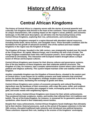 Central African Kingdoms “Article & Questions” Assignment (Ancient Africa)