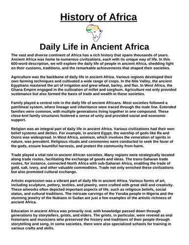 Daily Life in Ancient Africa “Article & Questions” Assignment (Ancient Africa)