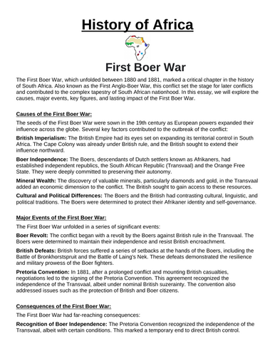 First Boer War “Article & Questions” Assignment