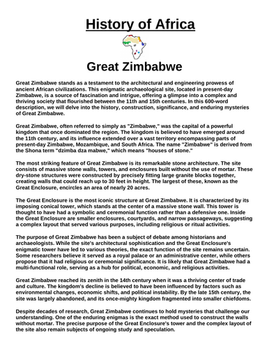 Great Zimbabwe “Article & Questions” Assignment (Ancient Africa)