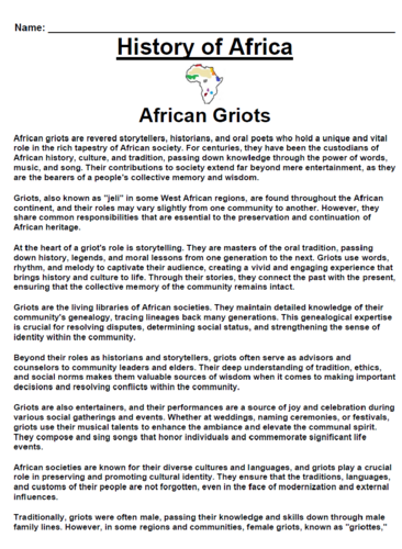 Griots “Article & Questions” Assignment (Ancient Africa)