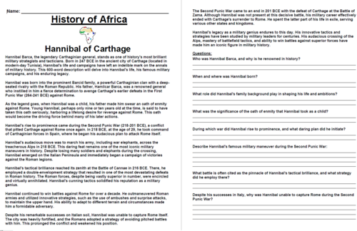 Hannibal of Carthage  “Article & Questions” Assignment (Ancient Africa)