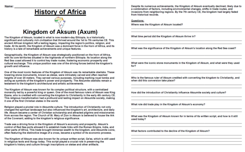 Kingdom of Aksum “Article & Questions” Assignment (Ancient Africa)