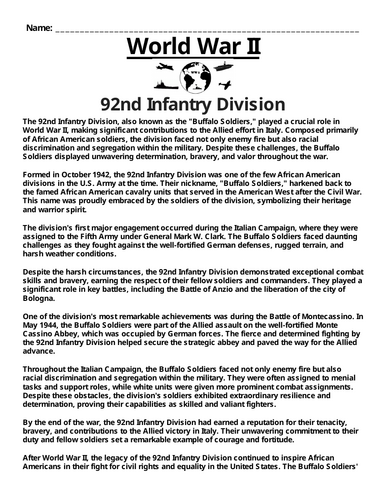 92nd Infantry Division “Article & Questions” Assignment (World War II)