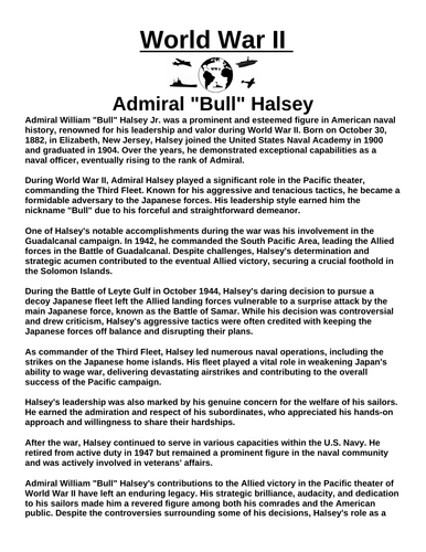 Admiral Bull Halsey “Article & Questions” Assignment (World War II)